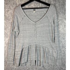 We The Free Womens V Neck Gray Thermal Waffle Knit Long Sleeve Top - Small